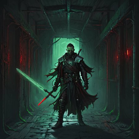 a nqstrman man in a medieval outfit holding a sword,  grim darkness, gritty, dark corridor, metal walls, steel beams, pipe, wires, science fiction, red and green glow, apxlz