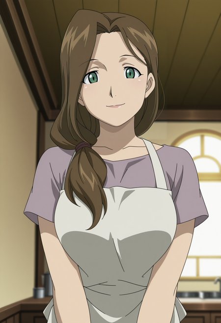 1girl,solo,tr,mature female,brown hair,long hair,green eyes,hair over shoulder,anime coloring,
shirt,apron,skirt,looking at viewer, smile,indoors
,masterpiece,best quality,amazing quality,<lora:Trisha_ElricSloth-Fullmetal_Alchemist_2003:0.8>