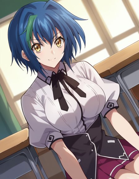 score_9, score_8_up, score_7_up, source_anime,
xenoviaquarta, <lora:dxd-xenovia-quarta-ponyxl-lora-nochekaiser:1>,
xenovia quarta, short hair, blue hair, yellow eyes, multicolored hair, green hair, two-tone hair, streaked hair, smile,
shirt, ribbon, school uniform, white shirt, black ribbon, neck ribbon, capelet, black capelet, long sleeves, skirt, red skirt,
indoors, classroom, sitting, desk, chair,
looking at viewer, dutch angle, cowboy shot,