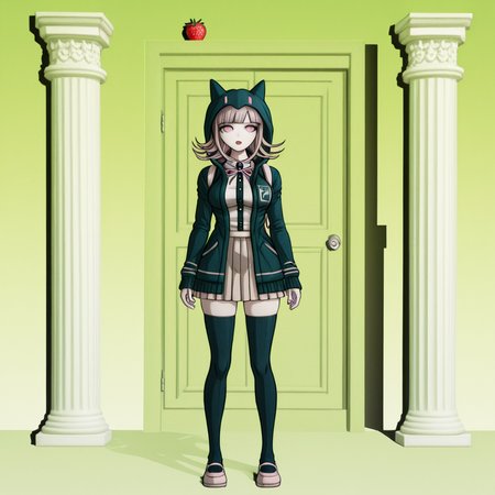 masterpiece, best quality, absurdres, <lora:Danganronpa_Locations:1>,  danganronpa sprite style, danganronpa_sprite_style , <lora:Chiaki_Nanami_Illustrious:0.2>,danganronpa_(series), danganronpa_2:_goodbye_despair, nanami_chiaki,1girl, breasts, brown_hair, collared_shirt, flipped_hair, hair_ornament,hood, jacket, long_sleeves, medium_hair, neck_ribbon, open_clothes, open_jacket, pink_eyes, pink_ribbon, pleated_skirt, ribbon, shirt, skirt, solo, spaceship_hair_ornament, thighhighs, white_shirt, shoes, pink_shoes , abstract,green_background,strawberry,door,columns,glowing,bright,soft_lighting,gradient_background,3d_art,fruit_themed,mystical,minimalistic,simple_scene,bright_colors,tomato_strawberry,ambient_lighting,cartoon_style,modern_art,vibrant_colors,visual_effects,danganronpa,danganronpa_(series),danganronpa_2:_goodbye_despair,danganronpa 2,danganronpa sprite style,danganronpa_sprite_style