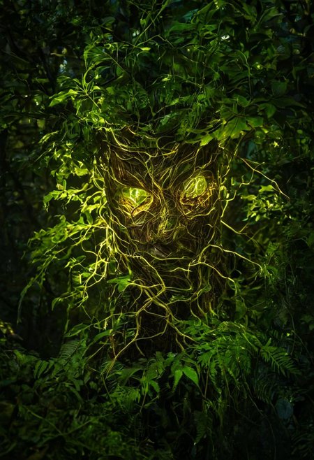 macro shot of a glowing forest spirit,leafy appendages outlined with veins of light,eyes a deep,enigmatic glow amidst the foliage.,