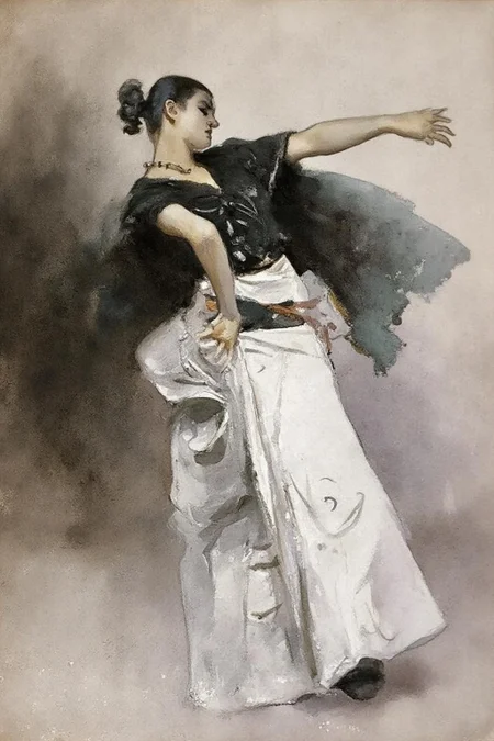 johnsingersargent3 painting
A flamenco dancer, her hair styled in a bun, is in a traditional dance pose wearing a black top with intricate designs and a flowing white skirt. Her right arm is extended forward and her left arm is bent at the elbow. The background is abstract with a blend of light and dark shades. <lora:johnsingersargent3_cap_d8a4e12:1.0><lora:859932063367737401:0>