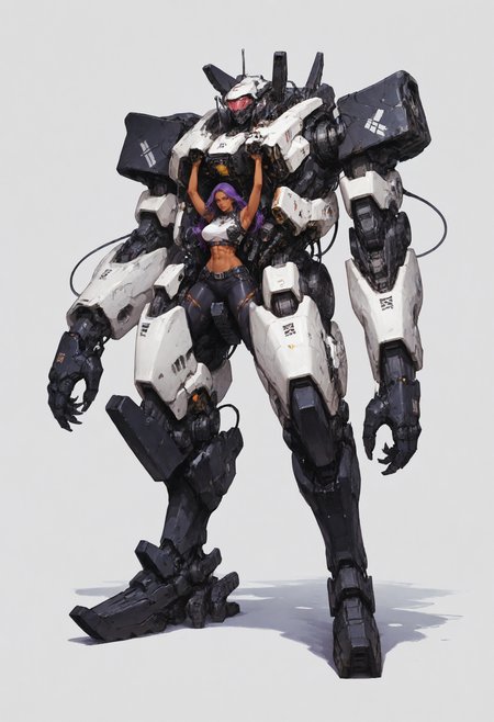 score_9, score_8_up, score_7_up score_9, score_8_up, score_7_up, score_6_up, score_5_up, score_4_up,
<lora:MechPilot:0.7> m3chp1l0t, mech,
1girl, purple hair, white background, long hair, dark skin, crop top, black footwear, dark-skinned female, simple background, solo, claws, black armor, animal mech,