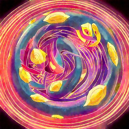 score_9, score_8_up, score_7_up, colored Mandala style, medium stylized pattern, (deep_purple base, black, red, and gold details), (glowing_golden_elements:1.2), Seviper, serpentine, vertical_figure_eight_pattern, intricate_design, symmetrical, traditional_mandala, luminous, mystical, highly_detailed, geometric_patterns, harmonious_composition, masterpiece, balanced,  artistic, reverence, best quality, absurdres, highly detailed,