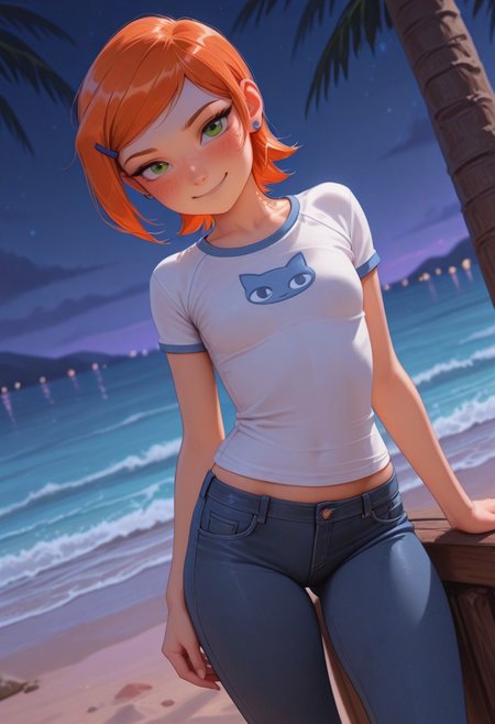 masterpiece, best quality, good quality, very aesthetic, absurdres, newest, 8K, depth of field, focused subject, mythp0rt,
stylized, wabi sabi, 
1girl, Gwendolyn_Tennyson, orange hair, short, hair, freckles, cute,
flirty eyes, sexy smile, blushing,
petite body, small waist, curvy, thighs, shapely legs,
small breasts,
tight jeans, tight t-shirt,
standing,
dynamic angle,
tropical beach, outdoors, night,