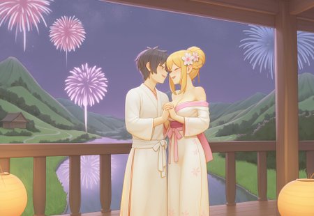 Looking at fireworks
BREAK
1girl, kimono dress, black hair, flower hair pin, beautiful, pretty, blushing, smiling, holding hands, looking at fireworks, standing together, 
BREAK
1man, kimono, well groomed, black hair, handsome, warm smile, looking at fireworks, holding hands, standing together
BREAK
Valentine’s Day, night, Japan, lake, fireworks in sky, beautiful fireworks, cherry blossom trees, fireworks focus, detailed fireworks
, ((masterpiece))   
<lora:bartolomeobari_h2_v1:1>