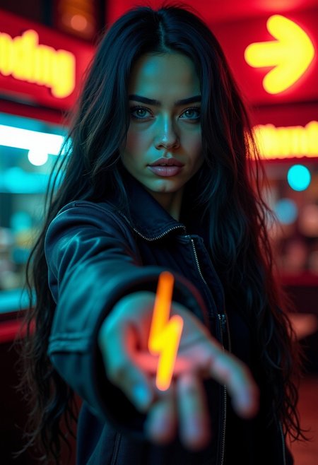 photograph of a Female Orion Smuggler  Green skin and blue eyes with her long flowing black hair with blue highlights over her left shoulder wearing a weathered leather jacket holding out a lightning bolt logo towards the viewer, in a dimly lit jazz pub,  shallow depth of field