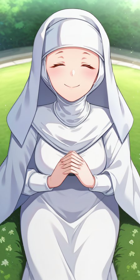 score_9, score_8_up, score_7_up, source_anime, rating_safe, intricate details, anime screencap, official style, <lora:Elouise_Sussex:1>, elouise, closed eyes, nun, habit, white dress, white sleeves, taut dress, large breasts, smile, looking at viewer, outdoor, sitting on grass, barefeet, naughty face, hands together, from above, feet