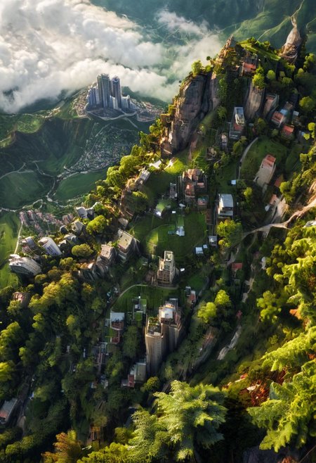 A high definition, high quality, realistic photograph of a cityscape completely integrated into nature on a mountainside, from the side, skyscraper, tree, detail, greenery, green space, cloud,  detailxl