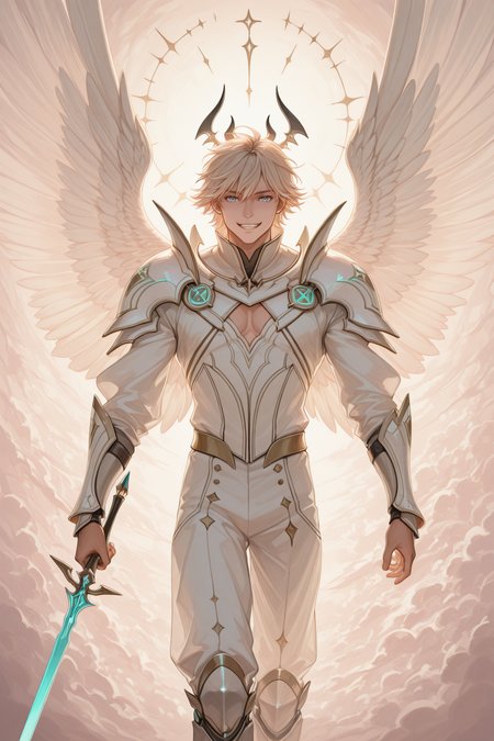 embedding:lazypos, in style of janfresh, 1boy, armor, weapon, looking at viewer, dynamic angle, wings, virtual youtuber, muscular,
smiling <lora:SplashCore_v1.0_-_Illustrious:1>