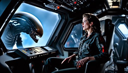 nostromo style, spacship interior,
astonished woman wearing jumpsuit sitting in pilot's chair in cockpit, Xenomorph looking in window from outside in space, control panels, screens, buttons, switches, ceiling decoration,

extremely detailed:1.2, sharp:1.2, bold outlines,

sharp focus, detailed face, clear eyes, Detailed perfect hand 