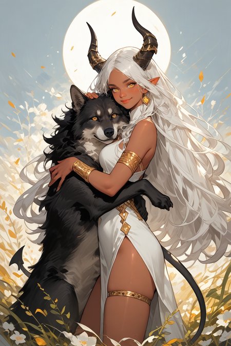 1girl, horns , tail, long hair,white hair,
dark skin,yellow eyes,light smile, thighs exposed,hugging wolf,
<lora:sdxl_lightning_8step_lora:1>
<lora:p3tl0v3XLP:1> p3tl0v3,
<lora:4t4rXLP:0.8> 4t4r,
score_9, score_8_up, score_7_up, score_6_up, score_5_up,
masterpiece, best Quality,