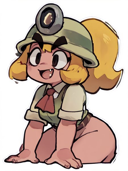 goombella, thick eyebrows, 1girl, pink skin, helmet,blonde hair,fang,   ponytail, score_9, score_8_up, score_7_up, score_6_up, score_5_up, score_4_up <lora:Goombella_PDXL:1>  <lora:PaperPeachPony1.0:1> , solid oval eyes, white outline,