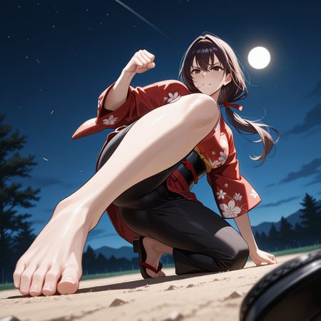 masterpiece, best quality, very aesthetic, absurdres, 1girl, anime style,fighting photo, close-up photo, mai, low angle photo, adult woman, female, karateka girl, black karateka kimono, red karete belt, high kick in the air, (long hair), (deep brown eyes color), (dark hair color) SFW, training in field background, feudal japan background, night time, moon lighting, (night time), ultra detailed toe, ultra detailed feet, ultra detailed hand,  <lora:Hand v2:0.8> Detailed hand, Hand, Perfect hand <lora:fightingpose:0.8> squat, fighting pose, knee on ground