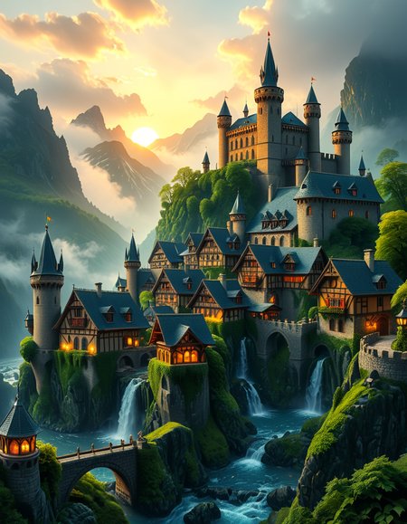 A breathtaking medieval fantasy city nestled in a lush valley, surrounded by towering mountains and dense forests. A grand castle with multiple towers and turrets stands atop a hill, overlooking the town below. The city consists of charming half-timbered houses with glowing windows, perched on rocky cliffs and connected by stone bridges over cascading waterfalls. The river flows through the village, reflecting the warm golden lights of lanterns and torches. Ivy and moss grow over the stone walls, adding to the enchanted, ancient atmosphere. The background features misty mountains with additional fortresses and watchtowers, partially hidden by low-hanging clouds. The sky is illuminated by a soft, warm sunset, casting a golden glow on the scenery, creating a perfect blend of realism and fantasy. Highly detailed, cinematic, and immersive, with a magical, fairy-tale ambiance.
<lora:SDXLFaeTastic2400:0.4> <lora:extremely_detailed:0.4> extremely detailed, <lora:medieval_f4nt4sy_c1ty:1>,medieval f4nt4sy c1ty, Masterpiece,best quality,hi res,8k,hi res,8k,award winning,(sharp focus, intricate, highly detailed),