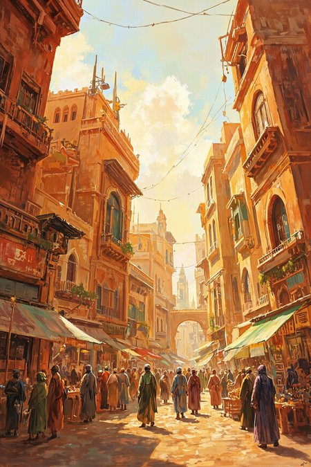 This abstract painting by artist Kuroki depicts a bustling, futuristic market scene with a warm, ambient light. The composition uses leading lines, guiding the viewer's eye through the narrow alleyway filled with diverse, tall buildings. The color palette is predominantly warm tones of orange, yellow, and brown, with hints of cool blues and greens. The sky is a gradient of soft pastels, indicating either sunrise or sunset. The background is slightly blurred, creating a shallow depth of field that emphasizes the foreground action. The market is crowded with people in various attire, including robes and headscarves, suggesting a Middle Eastern or North African influence. The buildings are adorned with intricate architectural details, including arches and balconies. The lighting appears to be a mix of natural and artificial sources, enhancing the vibrant, almost glowing atmosphere. The brushstrokes are dynamic and textured, giving the image a lively, almost painterly quality.,HD32K,hyperdetailed,best quality,