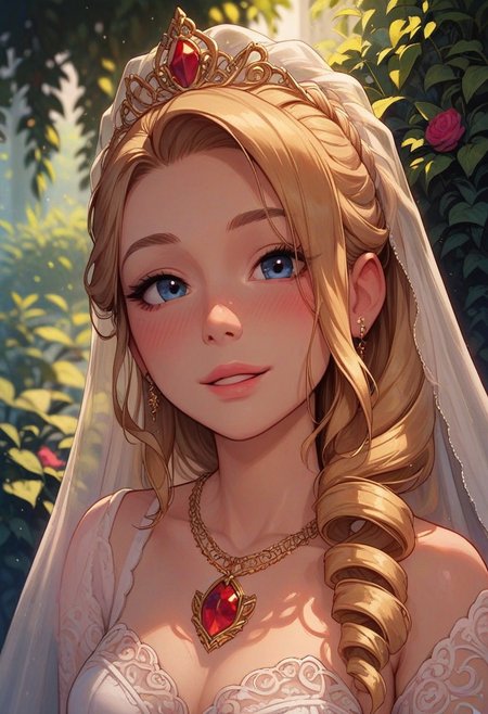 score_9, score_8_up, score_7_up, score_6_up, 
1girl, 25 years old, perfect face, cute, petite, close view, 
blue eyes,
long hair, blonde hair, sidelocks, drill ponytail,
gold crown, gold jewelry, earrings, necklace, red gem, 
wedding dress, lace, 
wedding, park, green garden, 
blush, shy smile, portrait, face focus, depth of field,
looking at viewer,