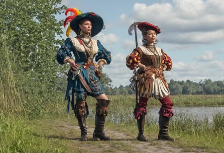 realistic, movie scene, 8K, 1girl, , massive breasts, shapely, closeup view,  dramatic action, dynamic angle, closeup, motley, multicolor, multiple girls, boots,hat, jewelry, plume, (armor:0.5),  sheath, weapon, holding harquebus, antique firearm, l4ndskn3cht,  outdoors, swamp, Dutch windmill in distance, <lora:landsknecht-SDXL:1> <lora:officialpit_style_xl_ilff:0.4> big breasts, dark-skinned male
