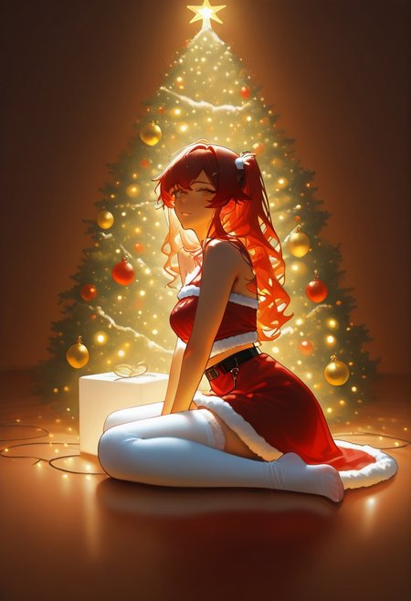 1girl, sitting, bare shoulders, red and black clothes,  white tights, christmas clothes, dark red hair, long wavy hair, looking at viewer, christmas tree, christmas decoration, side view, sitting,  christmas lights, masterpiece, highres, absurdres solo, score_9, score_8_up, score_7_up,  2d color, far camera, long shot