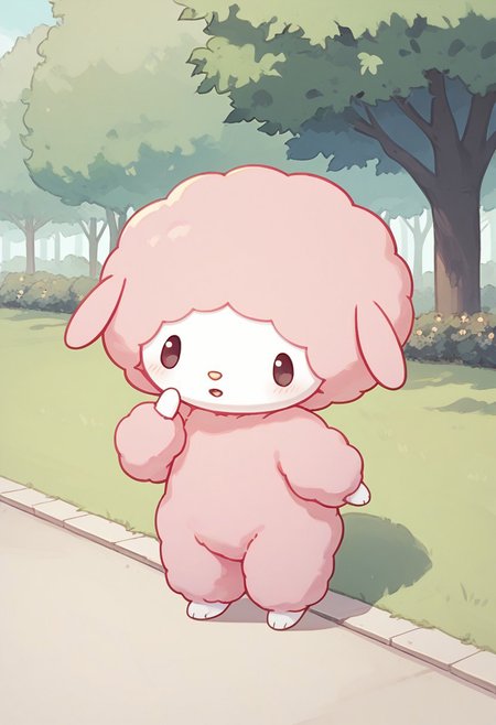 score_9, score_8_up, score_7_up, score_6_up, score_5_up, BREAK
sweet_piano, furry, female furry, solo, looking at viewer, blush, open mouth, standing, full body, :o, tree, no humans, park, body fur, pink fur, fluffy, white face
