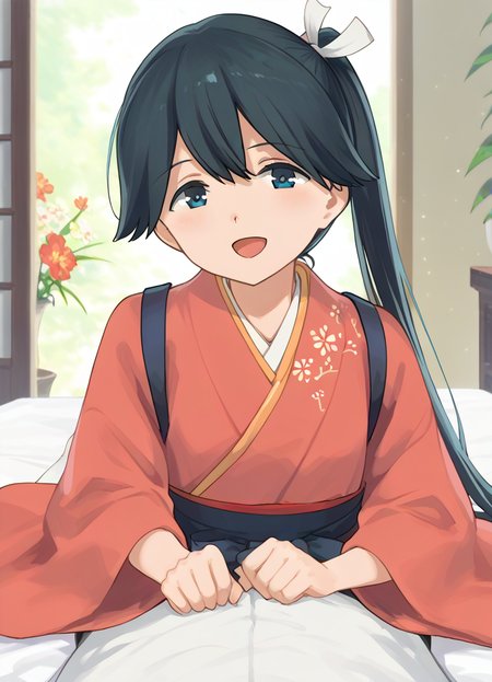 score_9, score_8_up, score_7_up, masterpiece, best quality, absurdres, official art, official style, (anime screencap, megami magazine:1.2), zPDXL2, zPDXLxxx, <lora:Shibafu_Style_Pony_v1:0.8>, 1girl, solo focus, shibafu_style, <lora:houshou.pony:0.8>, houshou, def, blue eyes, black hair, very long hair, side ponytail, hair ribbon, white ribbon, kimono, hakama, <lora:neg4all_bdsqlsz_xl_V91:1.0> <lora:ALTXL_pony_0061_8:2.0>, <lora:detailed_hands-000002:1>, hand, (nude:-1.2), (completely nude:-1.2), bedroom, on bed, bed sheet, evening, sunset, dim lighting, light particles, on stomach, pov open eyes, open mouth, smile, looking at viewer,