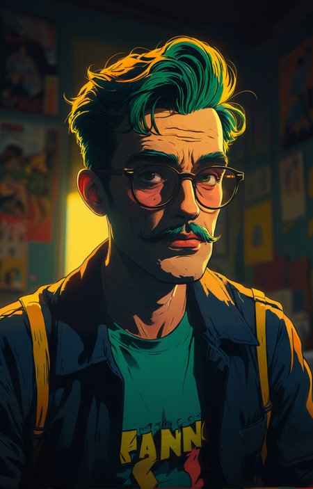 (impactful color paint of) Hipster aesthetic, comic book style, vivid colors, with a serious expression, stunning background. dark and moody, a mesmerizing blend of light and shadow. masterpiece, absurdres, intricate details <lora:Modern_Cartoon_Style:0.6>