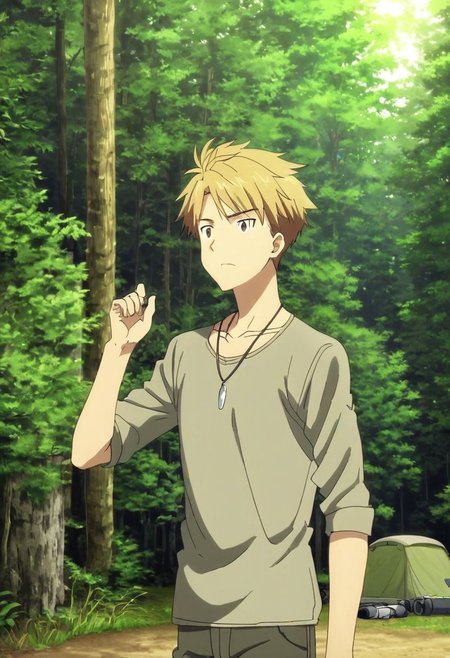 high resolution, solo, best quality, 1Boy, Yamato Ishida, Blond Hair, Necklace, forest, camping, OverallDetail