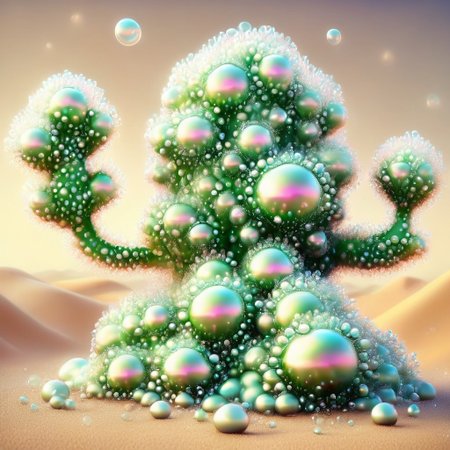 a cactus made of bubbles, wow_bbls, desert background, tumbleweed blowing across desert in background