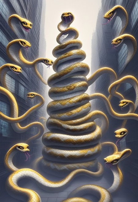 Snake Metropolis: Imagine a city where buildings, streets, and even vehicles are covered in snake_hybrid. You could create a futuristic cityscape with snake skyscrapers or a cozy, nostalgic town with snake textured buildings. sn4ke, (snakes everywhere)