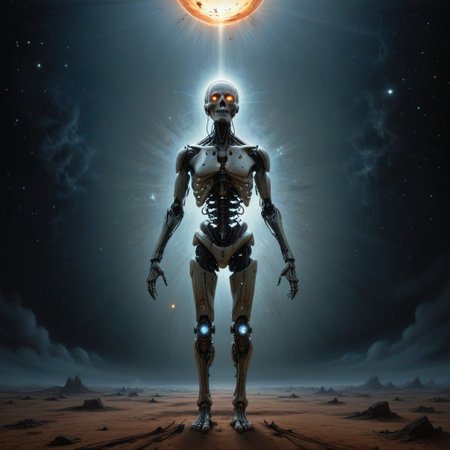 a painting that captures the essence of a poem: 
(star fields where machine souls rust under the last of Betelgeuse's light,  
it will go nova soon,
Veni, vidi, vici; 
When heaviest is the crown of the ghost of a god, will you come out to play; 
Use caution when dealing with the fallible tenets of aegis' rimwalkers; 
Cyborg religious sects turned loose with the coming of the new dawn, 
their prophecies hastily carved into silicon;
Do not despair o' voidwalker, for what happens in the dark is destined to come to light, both now and forever more...), 
Andrei Tarkovsky Style page,detailxl,