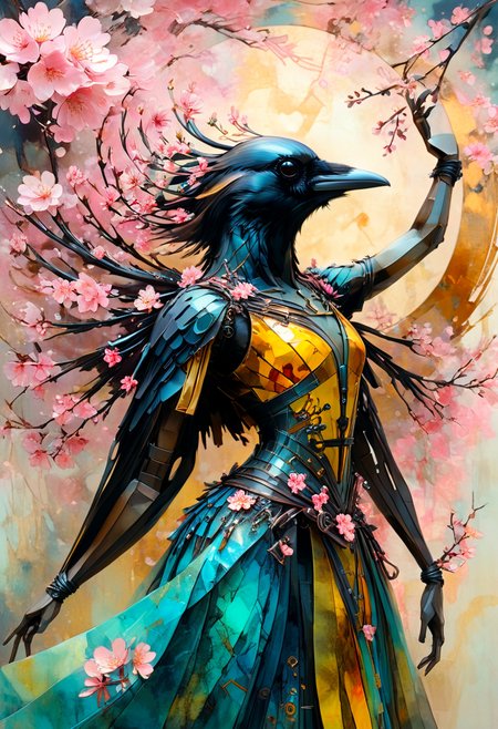 powerful artistic vision of Corvidfolk, cherry blossoms, dancer, beautiful, vibrant alcohol ink and, geometric patterns and glowing symbols, in the style of Ashley Wood, in the style of Leonardo DaVinci, of shifting light, energies intertwining, Volumetric and synthetic, enigmatic, Alienesque and enigmatic, suspended, melancholic and, with protruding sharp edges masterpiece, beautiful, best quality, absurd resolution, 8k, uhd, extreme details. breathtaking masterpiece made by great artist. best quality, high resolution, psychedelic style Corvidfolk, cherry blossoms, dancer, beautiful, vibrant alcohol ink and, geometric patterns and glowing symbols, in the style of Ashley Wood, in the style of Leonardo DaVinci, of shifting light, energies intertwining, Volumetric and synthetic, enigmatic, Alienesque and enigmatic, suspended, melancholic and, with protruding sharp edges masterpiece, beautiful, best quality, absurd resolution, 8k, uhd, extreme details . vibrant colors, swirling patterns, abstract forms, surreal, trippy