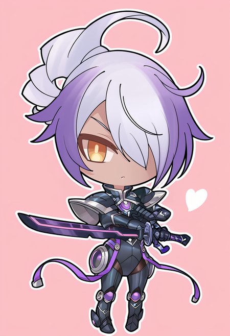 (score_9:0.9),score_8_up,score_7_up,anime style,rating_safe,(zPDXL),<lora:Sky striker ace - azalea ponyXL v2:0.85>,sky striker ace - azalea, black battle suit, weapon, solo, chibi, ahoge, holding, full body, holding weapon, looking at viewer, holding purple katana, purple katana