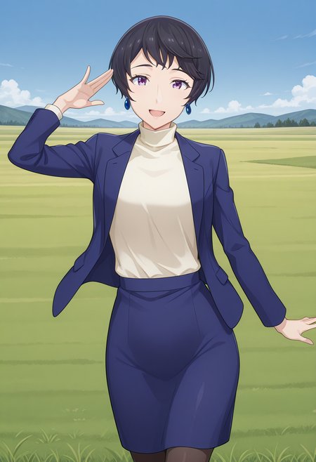 tantei1_reiko, purple eyes, black hair, short hair, earrings, jewelry, blue jacket, formal, turtleneck, white shirt, blue skirt, pantyhose, <lora:tantei1_reiko_illustrious_ver1:0.8> 
smile, open mouth,, masterpiece, best quality, sensitive,, 1girl, solo, blue sky, (grasslands:1.2), looking at viewer,, (dynamic pose:1.4),