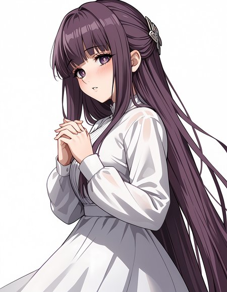 <lora:Frern:1>f3rn, 1girl, white dress, looking at viewer, white background, simple background, long sleeves, hair ornament, parted lips, own hands together, from side, long dress, blush