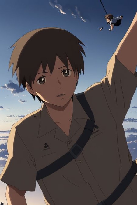 high resolution, solo, best quality, 1Boy, Takaki Toono, Brownish Hair, Brown Eyes, free fall, sky , OverallDetail