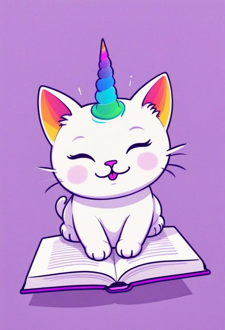 A simple doodle of an adorable cat with rainbow colored horns, lying on its side and reading a book. The background is purple, and the design includes minimalistic lines for a cute clipart style. It has a flat design aesthetic with vector art elements. Tshirt design graphic, vector graphics only, bold outlines, contour, white space around tshirt designs. Isolated on a pastel lavender color background.