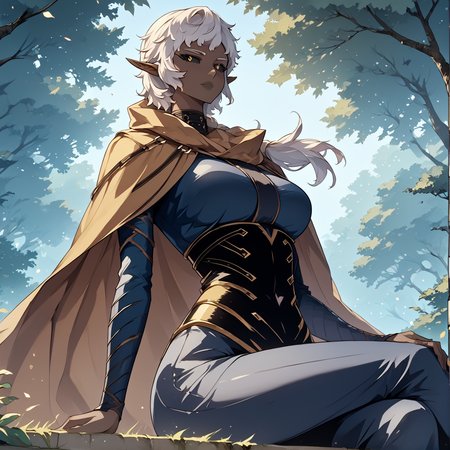 <lora:Camil-000004:1>
pointy ears, black sclera, dark skin, White hair,dark elf, elf, yellow eyes, <lora:Eyes_High_Definition:1>, brown cape, <lora:!action-sdxl-V0.5:1>
zPDXL3, score_9_up, score_8_up, score_7_up, (Anime_source),Masterpiece,(perfect female body:1.2), small waist, (incredibly detailed:1.4), 1 girl, slim, beautiful fingers, beautiful white skin, Beautiful clear skin, (medium breasts:1.4), ((looking at viewer)), big breasts, ass, perfect ass, sitting, from below, looking down,, forest background <lora:light:1>