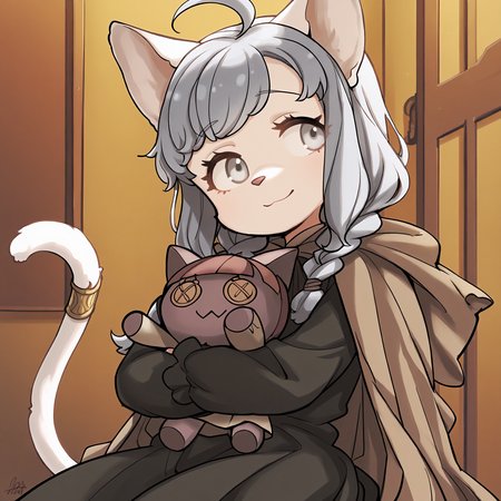 BREAK, <lora:Sheena_Falafel:1>, Sheena Falafel, Fuga: Melodies of Steel, kemono, furry female, young female, 1girl, cat girl, white fur, grey eyes, pastel blue hair, long hair, ahoge, bangs, sidelocks, animal ears, cat ears, animal nose, pink nose, cat tail, tail ornament, braided anklet, Fuga 1 appearance, twin braids,
BREAK, Fuga 1 Outfit, black dress, brown cloak,
BREAK, Bleuette, Bleuette doll, character doll, stuffed cat, holding doll, holding object,
BREAK, solo, face focus, close-up, looking away, soft smile, head tilt,