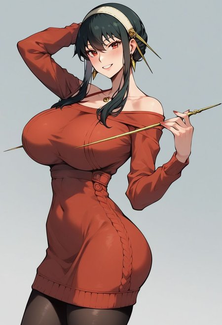 score_9, score_8_up, score_7_up , solo, 1girl, yor briar, spy x family, standing, cowboy shot, looking at viewer, seductive smile, light blush, red sweater, long sweater, black hair, sidelocks, earrings, hair band, black pantyhose, long sleeves, massive breasts, big round ass, thin waist, facing viewer, looking at viewer, standing, seductive smile, teeth, seductive, bedroom background, hip dips