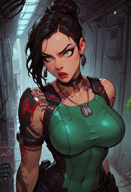Score_9, Score8_up, Score_7_up, (((High Resolution, Best Quality))), 
1girl, solo, toned arms, sleeveless, Covered in Tattoos, neck tattoos, hair tied up, black hair, green stripe in hair,
futuristic, futuristic armor, neon green lights on bodysuit, armored suit, body armor, armor, plated armor, revealing bodysuit, tight bodysuit, tactical, military gear, toxic canisters, toxic chemicals, poision vials, 
large breasts, choker, dog tags, ear piece, 
shocked, annoyed, surprised, 
running down a hallway, alarms going off, flashing alarm lights, red alarms, red alert, flashing lights,
inside, Military, military base, military barracks, cots, crates, military boxes, guns, bullets, supplies, armory,