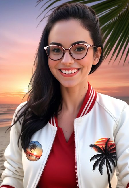 Female glasses, black hair, white Red baseball jacket,, illustration, smile, realistic, beach, sunset with palm trees, intricate details
