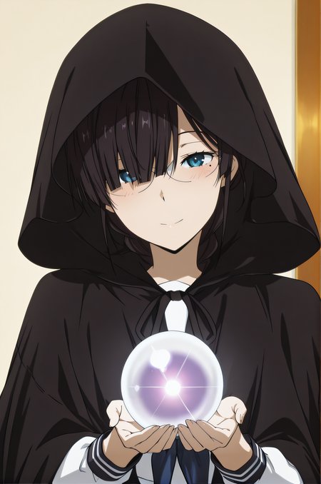 masterpiece, best quality, highres, newest, 1girl, solo, official style, anime screencap, <lora:IL_Juumonji_Kaho_v2:1>, kaho, black hair, blue eyes, braid, glasses, sidelocks, bangs, hair over one eye, mole under eye, serafuku, black cloak, hood, looking at viewer, upper body, smile, five fingers, expressionless, holding a crystal ball with both hands, blush, tilt head