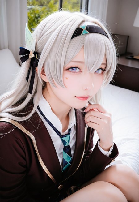 4K photo, (very awa, masterpiece, best quality, highres, absurdres, realistic, photorealistic), photo, professional photography, skin texture, portrait, close-up, 1girl, solo, japanese, firefly \(honkai: star rail\), white hair, long hair, from the side, looking at viewer, school uniform, necktie, hotel, bed, sitting, scenery