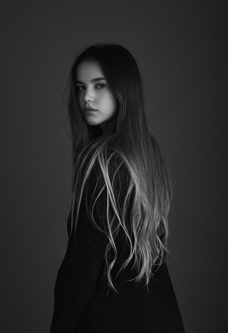 cinematic film still fashion photography portrait of 1girl,grainy, black and white, backside,  flawless hairs, high contrasts look,, (subtle gradient backdrop:1.1), (tranquil yet evocative:1.2), (conceptual portraiture:1.3), (play on perception:1.2), Canon EOS 5D Mark III, 1/160s, f/8, ISO 100, (surreal calm:1.1), (visual metaphor:1.3),—vignette effect, matt finish, monochrome.