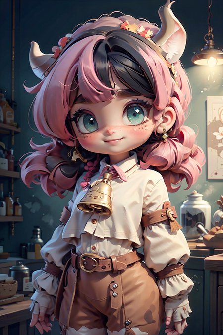highres, masterpiece, perfect lighting, bloom, cinematic lighting, adult, perfect skin, female, looking at viewer, (RSEEmma:1.5), CWT, cattlepunkai, bell, cow_ears, cow_horns, cowbell, chibi, <lora:RSERomantic_RSESofiko_RSEEmma-v1:0.3>,<lora:breastinClass:0.2>, vivid green eyes, thick eyebrows, parted bangs, black hair:pink hair, freckles, long flowing hair, ponytail, :), smile, <lyco:CowGirl:0.5> <lyco:SteamPunkBundleV3:0.7> <lora:chibi-v1:1>