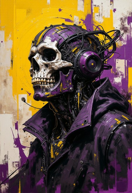 DB4RZ style painting, intricate, highly dynamic, featuring a cybermech Skulled man with a digital glitch overlay, in yellow, purple, black, and white colors. Sharp focus, biopunk, dark fantasy, with a saturated, dirty, abstract background, dark tones, high contrast, clean lines, and detailed.
<lora:artisketchyfs-v02:0.86>
<lora:FLUX-daubrez-DB4RZ-v2:0.67>
<lora:Vintage comic book:0.55>
<lora:flux.1_lora_ink-dynamic:0.9>