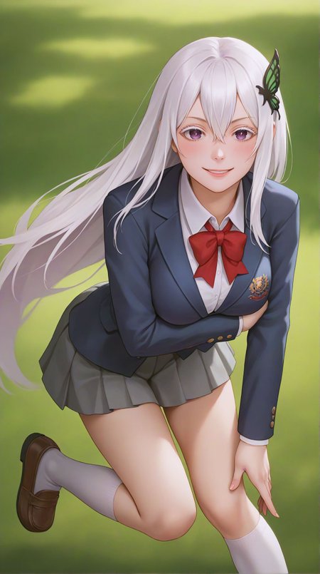 zPDXLxxx,score_9,score_8_up,score_7_up,realistic,masterpiece,best quality,perfect anatomy,very aesthetic,absurdres,
<lora:Quality tweaker_last:-2>,
<lora:Breast Slider - Pony_alpha1.0_rank4_noxattn_last:2>,
<lora:azurlaneXLP6lokrV4236T2:0>,
solo,blush,smile,
incoming hug,reaching towards viewer,bent over,
<lora:Echidna PonyXL Anzhc v1.6:1>,
echidna,purple eyes,white hair,hair between eyes,very long hair,butterfly hair ornament,
school uniform,red bowtie,blazer,blue jacket,collared shirt,white shirt,grey skirt,pleated skirt,white socks,kneehighs,shoes,
outdoors,in a meadow,