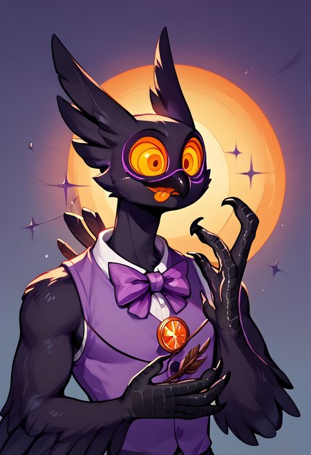Barnaby, 1boy, yellow eyes, orange sclera, black body, long neck, feathers, bird feet, winged arms, bird tail, black beak, purple vest, sleeveless, purple bowtie, orange tongue, avian, furry, anthro, ghost, owl, spirit, digitigrade, no humans,  perfect anatomy, solo, (insanely detailed, beautiful detailed face, masterpiece, cinematic lighting, detailed hands, detailed face, best quality), (sharp), score_9_up, score_8_up, score_7_up, score_6_up, highest quality, 8K, RAW photo, source_anime, perfect face, perfect hands, upper body