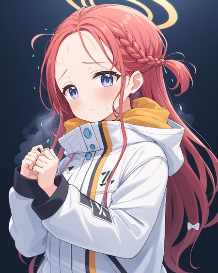 yuzu \(blue archive\),1girl, solo, blush, lifted_by_self, braid, sweat, forehead, long_sleeves, clothes_lift, white_jacket, steaming_body, simple_background, halo, one_side_up, multicolored_clothes
<lora:yuzu_(blue_archive)_image343_2023-11-18_spv-000035:1>. gorgeous,key visual, vibrant, studio anime,award-winning, professional, highly detailed,high budget, cinemascope