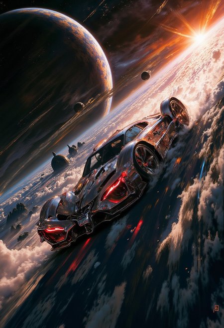 DB4RZ style painting,(in Otomo Katsuhiro style:1.2), rmbt, a sleek, silver car with glowing red eyes zooms through the vast expanse of space. The sun sets behind it, casting an orange glow on the horizon. In the distance, Cosy, (elaborate fine details:1.1), (hyperdetailed:1.1), (intricate details:1.0), (Refined details:1.1), (best quality:1.1), (high resolution:1.2), <lora:FLUX\Anime v1.3:0.6> <lora:FLUX\Elden_Ring_-_Yoshitaka_Amano:0.5> <lora:FLUX\RetroAnimeFluxV1:0.4> <lora:FLUX\Comic book V2:0.8> <lora:FLUX\PrismaticPersona:0.7>